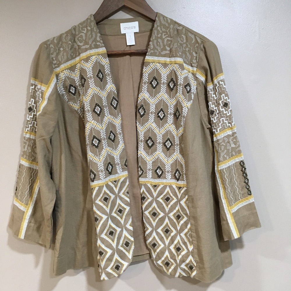 Chicos Embroidered Linen Blend Jacket Womens M Chicos Sz 1 Tan Boho Eclectic